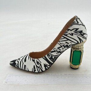 FSJ Women Pointed Toe Crystal High Heel Pumps Comfort Slip On Chunky Block Heel